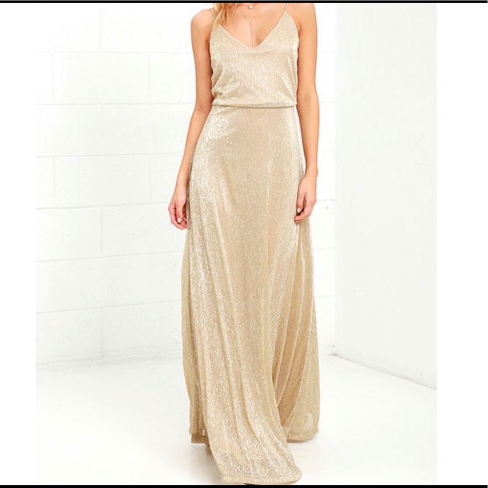 Lulu’s Friend of the Glam Gold Shimmer Maxi Dress